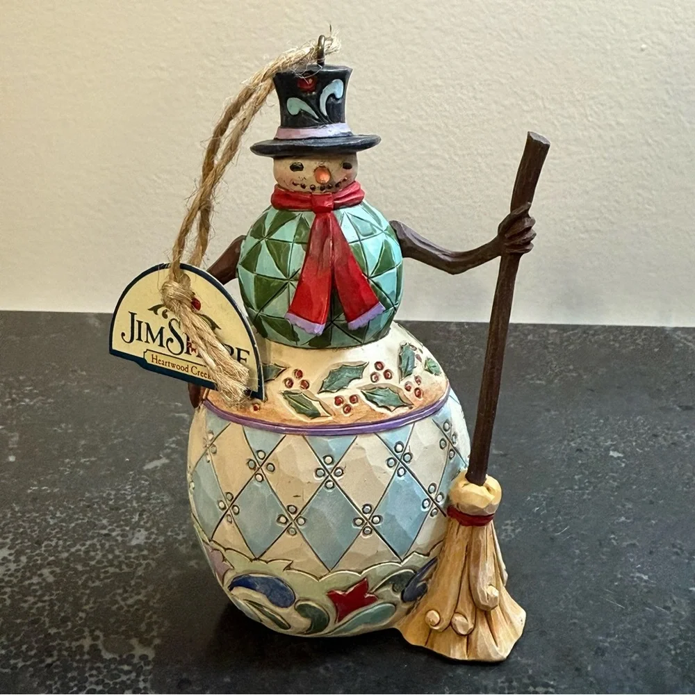 Jim Shore Snowman with top hat and broom ornament Heartwood Creek 2018